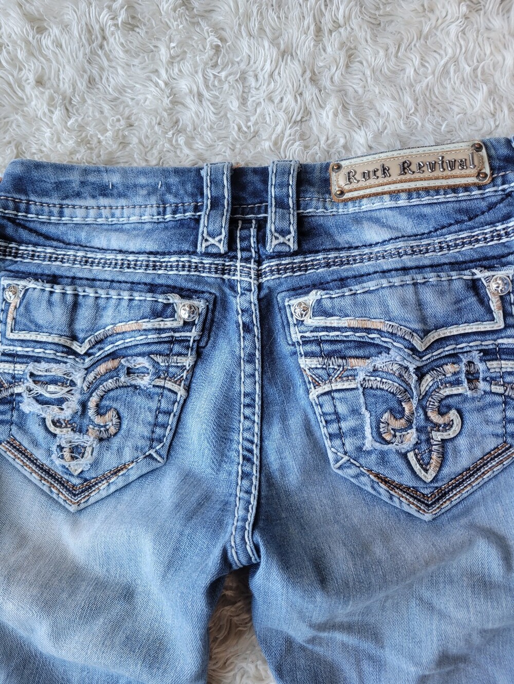 Rock Revival Dariel Boot Blue Jeans Size 26 Long Embroidered Thick Stitch Y2K